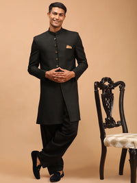Thumbnail for Vastramay Men's Black Silk Blend Sherwani Set - Distacart