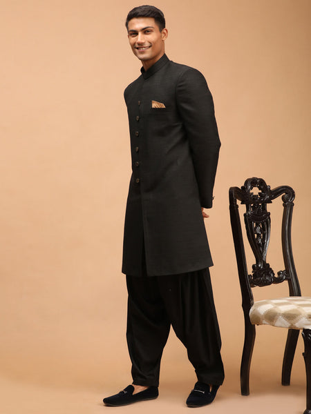 Vastramay Men's Black Silk Blend Sherwani Set - Distacart