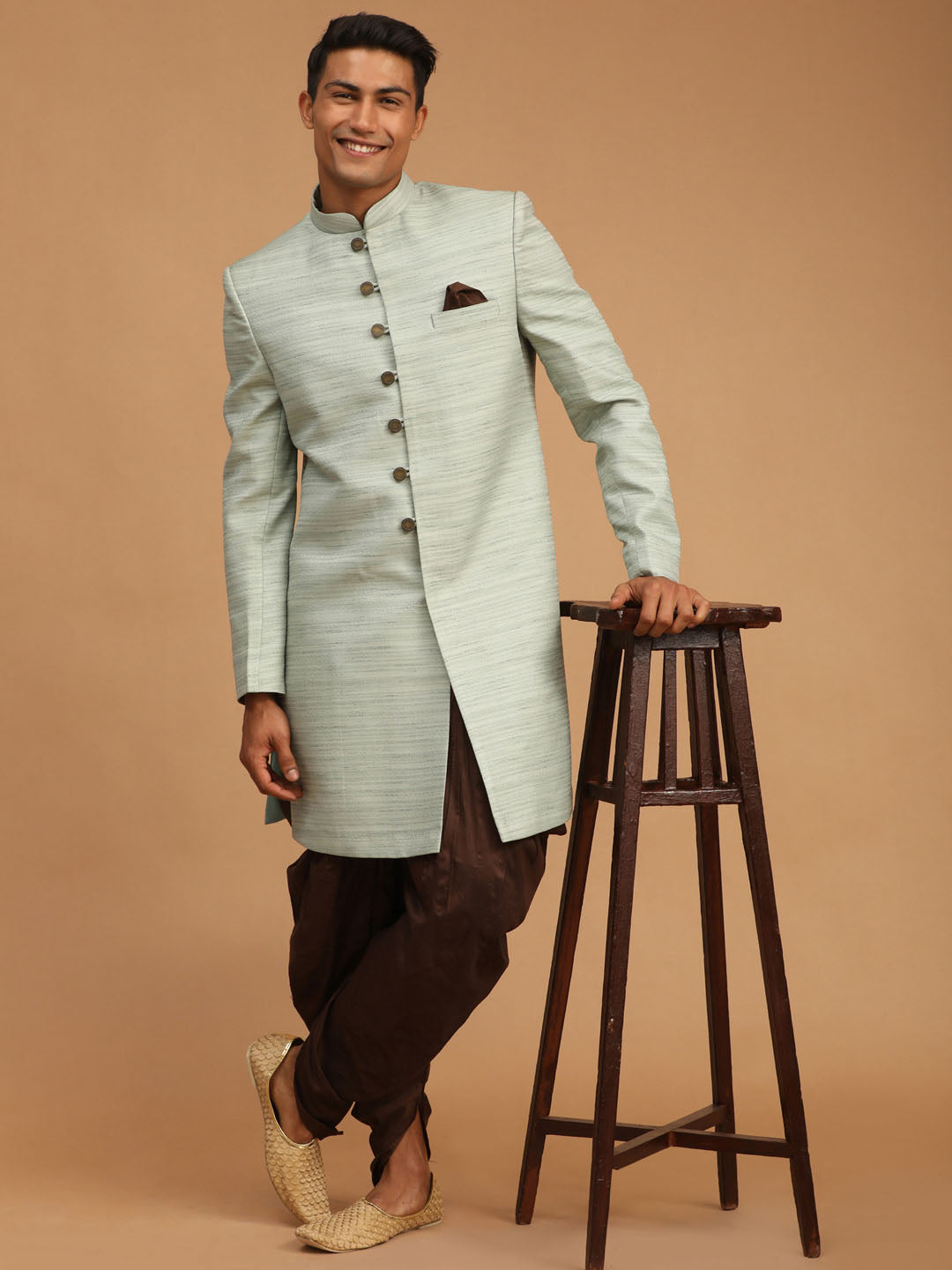 Vastramay Men's Mint Green And Brown Silk Blend Sherwani Set - Distacart