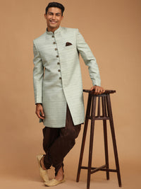Thumbnail for Vastramay Men's Mint Green And Brown Silk Blend Sherwani Set - Distacart