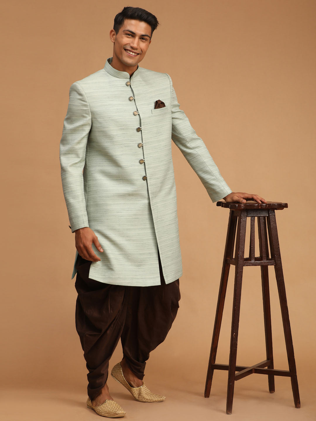 Vastramay Men's Mint Green And Brown Silk Blend Sherwani Set - Distacart