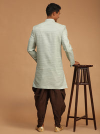 Thumbnail for Vastramay Men's Mint Green And Brown Silk Blend Sherwani Set - Distacart