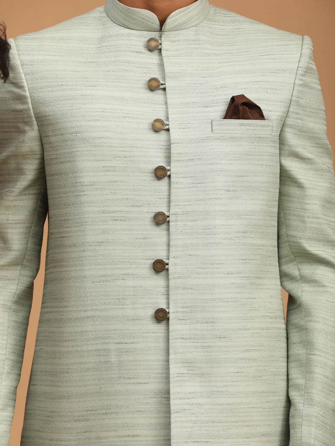 Vastramay Men's Mint Green And Brown Silk Blend Sherwani Set - Distacart