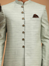 Thumbnail for Vastramay Men's Mint Green And Brown Silk Blend Sherwani Set - Distacart
