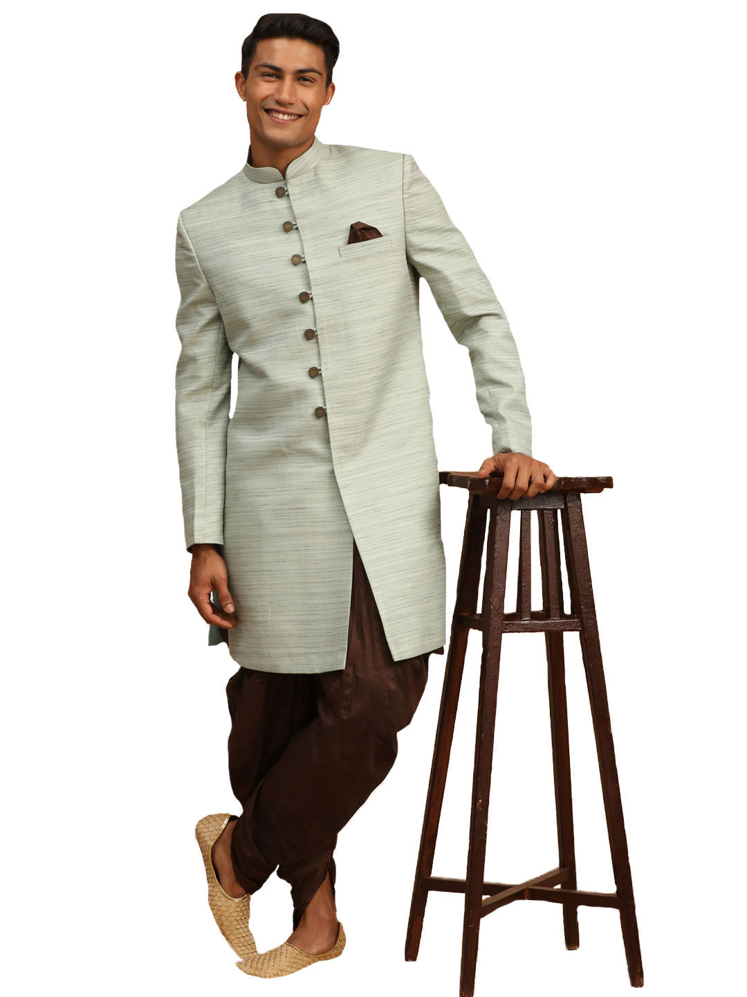Vastramay Men's Mint Green And Brown Silk Blend Sherwani Set - Distacart