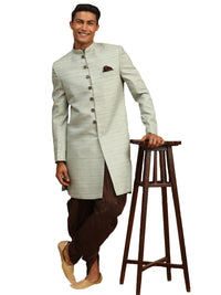 Thumbnail for Vastramay Men's Mint Green And Brown Silk Blend Sherwani Set - Distacart
