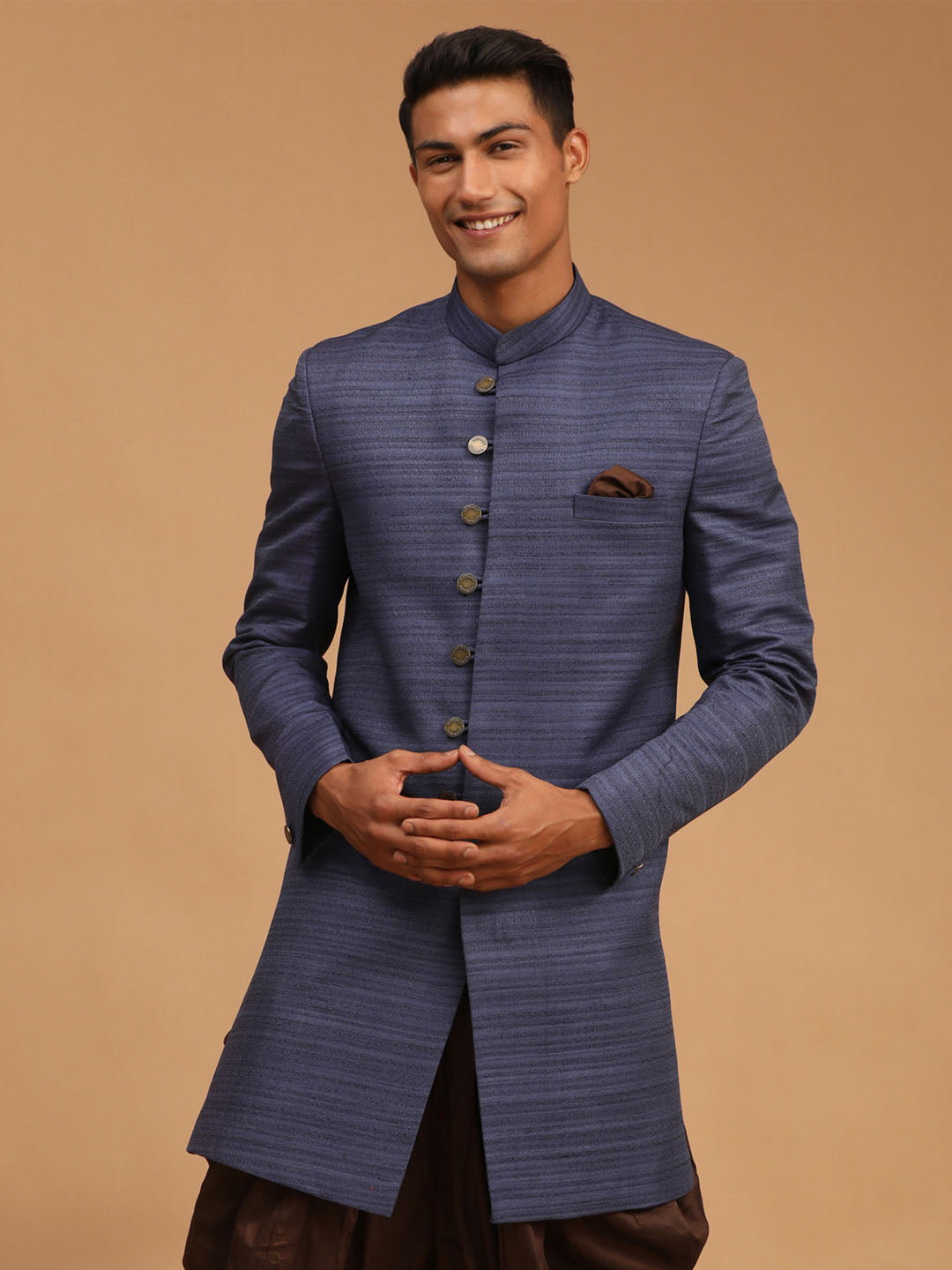 Vastramay Men's Navy Blue Silk Blend Sherwani Only Top - Distacart