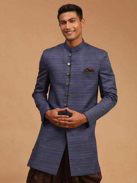Vastramay Men's Navy Blue Silk Blend Sherwani Only Top - Distacart