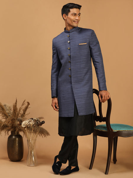 Vastramay Men's Black And Navy Blue Viscose Sherwani Set - Distacart