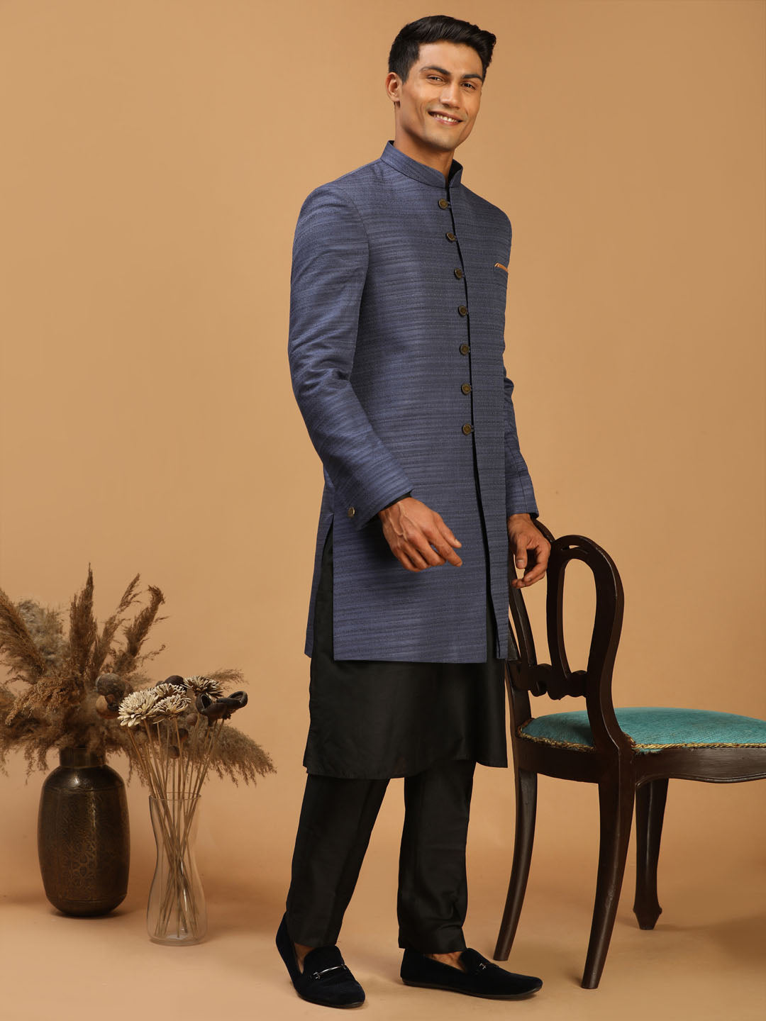 Vastramay Men's Black And Navy Blue Viscose Sherwani Set - Distacart