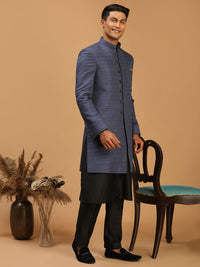 Thumbnail for Vastramay Men's Black And Navy Blue Viscose Sherwani Set - Distacart