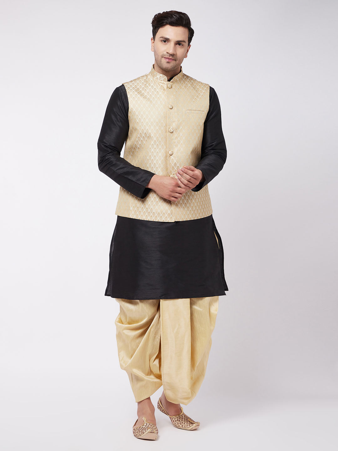 Vastramay Men's Black,Cream And Gold Silk Blend Jacket, Kurta and Dhoti Set - Distacart