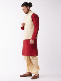Thumbnail for Vastramay Men's Maroon,Cream and Gold Silk Blend Jacket, Kurta and Dhoti Set - Distacart