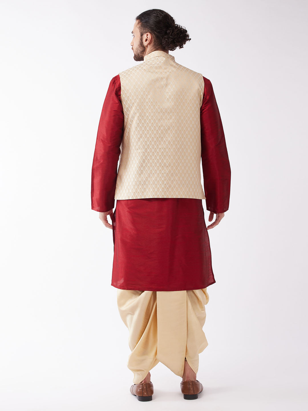 Vastramay Men's Maroon,Cream and Gold Silk Blend Jacket, Kurta and Dhoti Set - Distacart