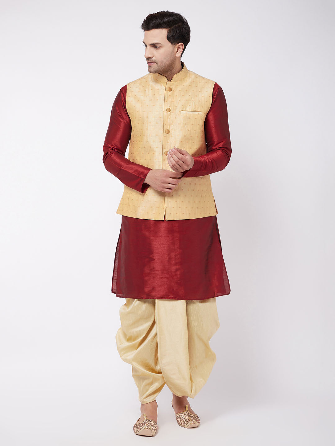 Vastramay Men's Maroon And Gold Silk Blend Jacket, Kurta and Dhoti Set - Distacart