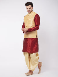 Thumbnail for Vastramay Men's Maroon And Gold Silk Blend Jacket, Kurta and Dhoti Set - Distacart
