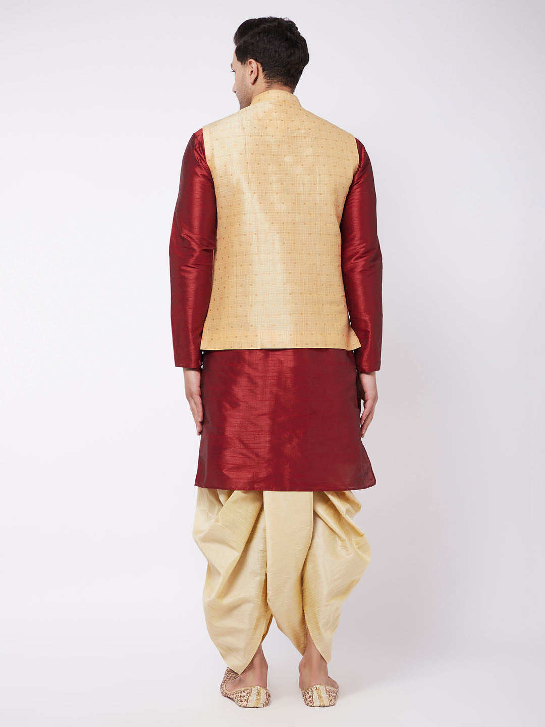 Vastramay Men's Maroon And Gold Silk Blend Jacket, Kurta and Dhoti Set - Distacart
