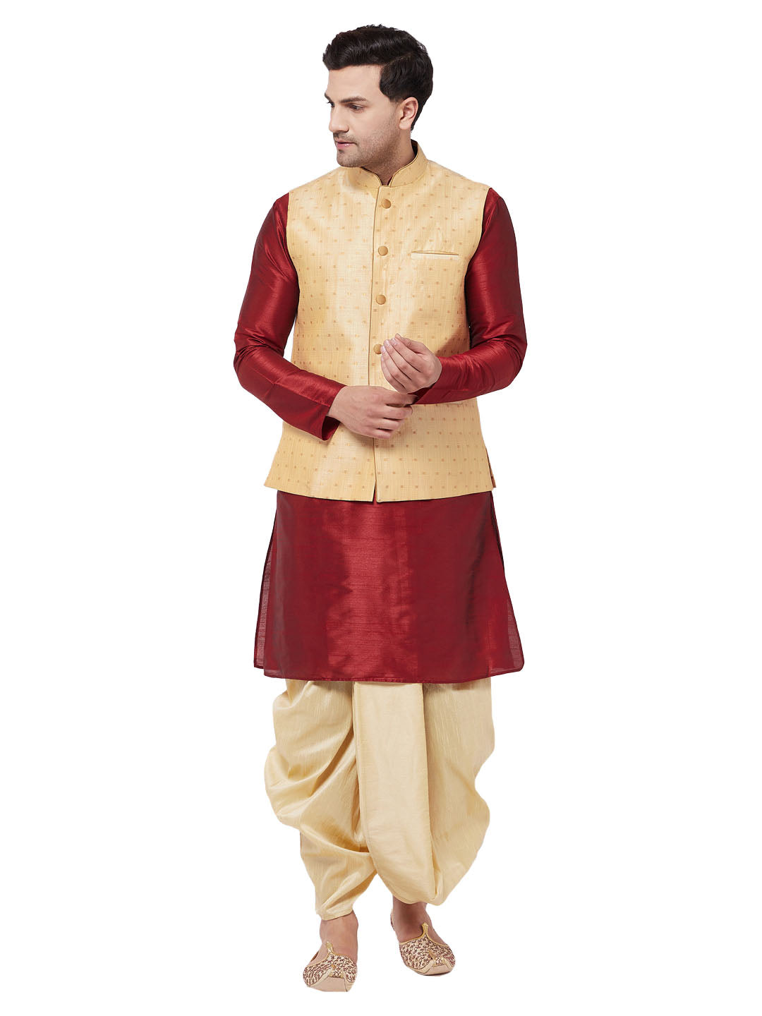 Vastramay Men's Maroon And Gold Silk Blend Jacket, Kurta and Dhoti Set - Distacart