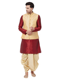 Thumbnail for Vastramay Men's Maroon And Gold Silk Blend Jacket, Kurta and Dhoti Set - Distacart