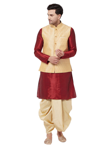 Vastramay Men's Maroon And Gold Silk Blend Jacket, Kurta and Dhoti Set - Distacart