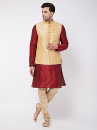 Thumbnail for Vastramay Men's Maroon, Gold And Rose Gold Silk Blend Jacket, Kurta and Pyjama Set - Distacart