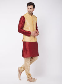 Thumbnail for Vastramay Men's Maroon, Gold And Rose Gold Silk Blend Jacket, Kurta and Pyjama Set - Distacart