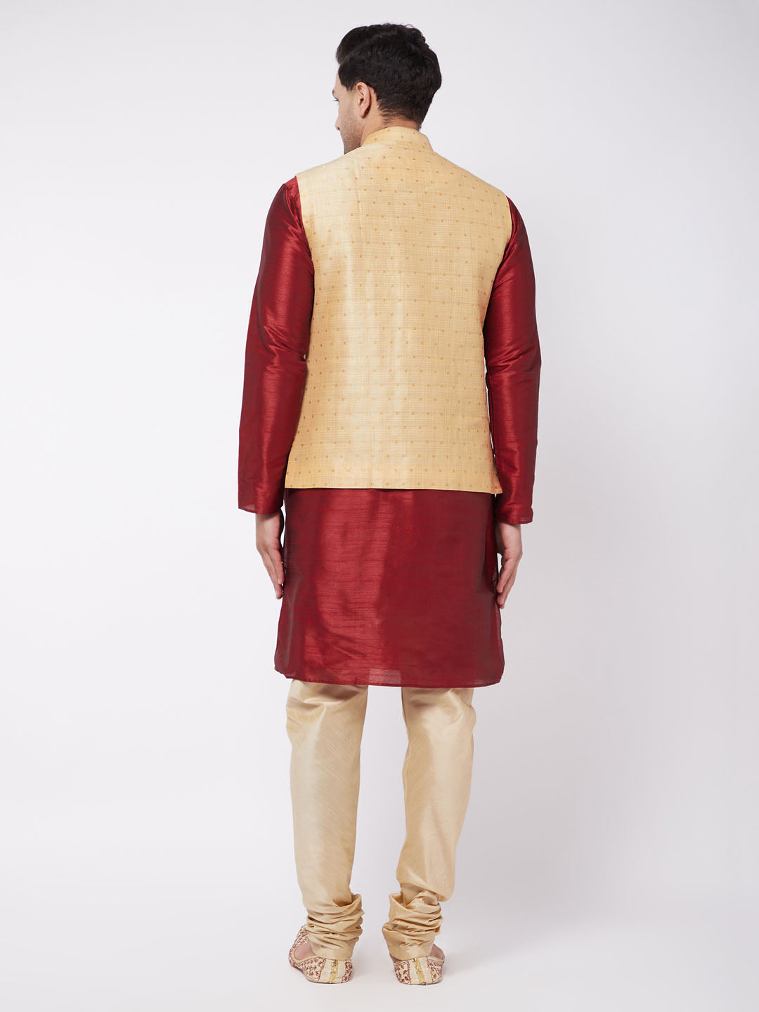 Vastramay Men's Maroon, Gold And Rose Gold Silk Blend Jacket, Kurta and Pyjama Set - Distacart