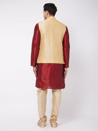 Thumbnail for Vastramay Men's Maroon, Gold And Rose Gold Silk Blend Jacket, Kurta and Pyjama Set - Distacart