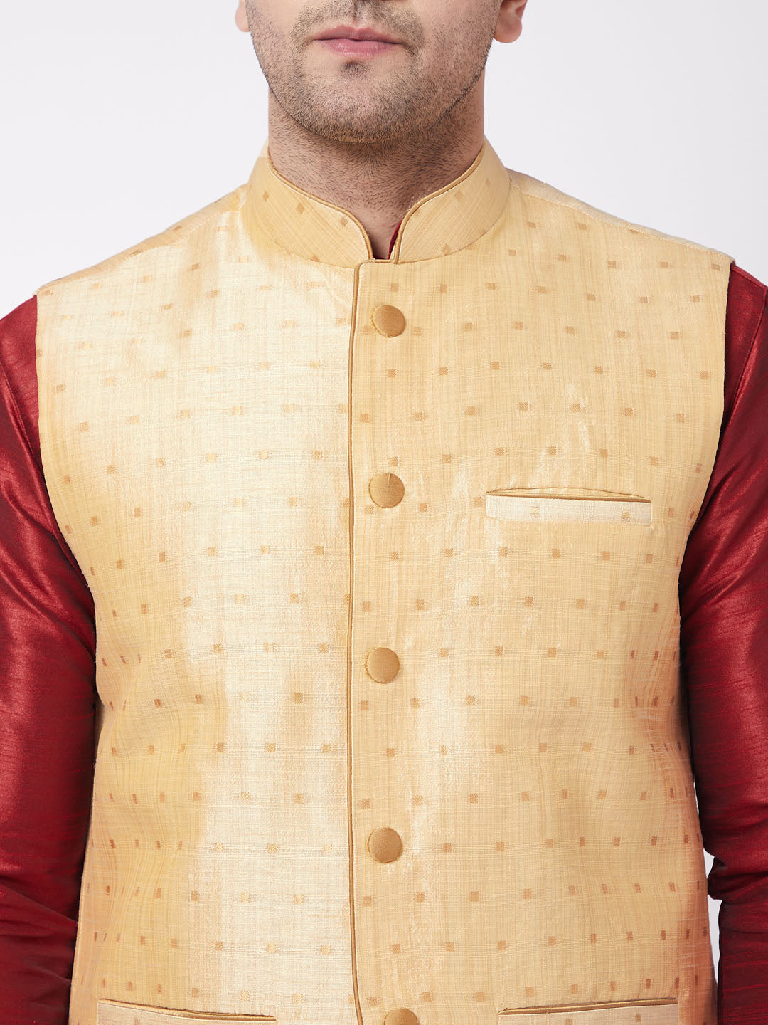 Vastramay Men's Maroon, Gold And Rose Gold Silk Blend Jacket, Kurta and Pyjama Set - Distacart