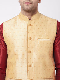 Thumbnail for Vastramay Men's Maroon, Gold And Rose Gold Silk Blend Jacket, Kurta and Pyjama Set - Distacart
