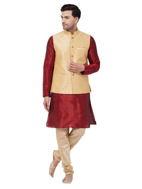 Thumbnail for Vastramay Men's Maroon, Gold And Rose Gold Silk Blend Jacket, Kurta and Pyjama Set - Distacart