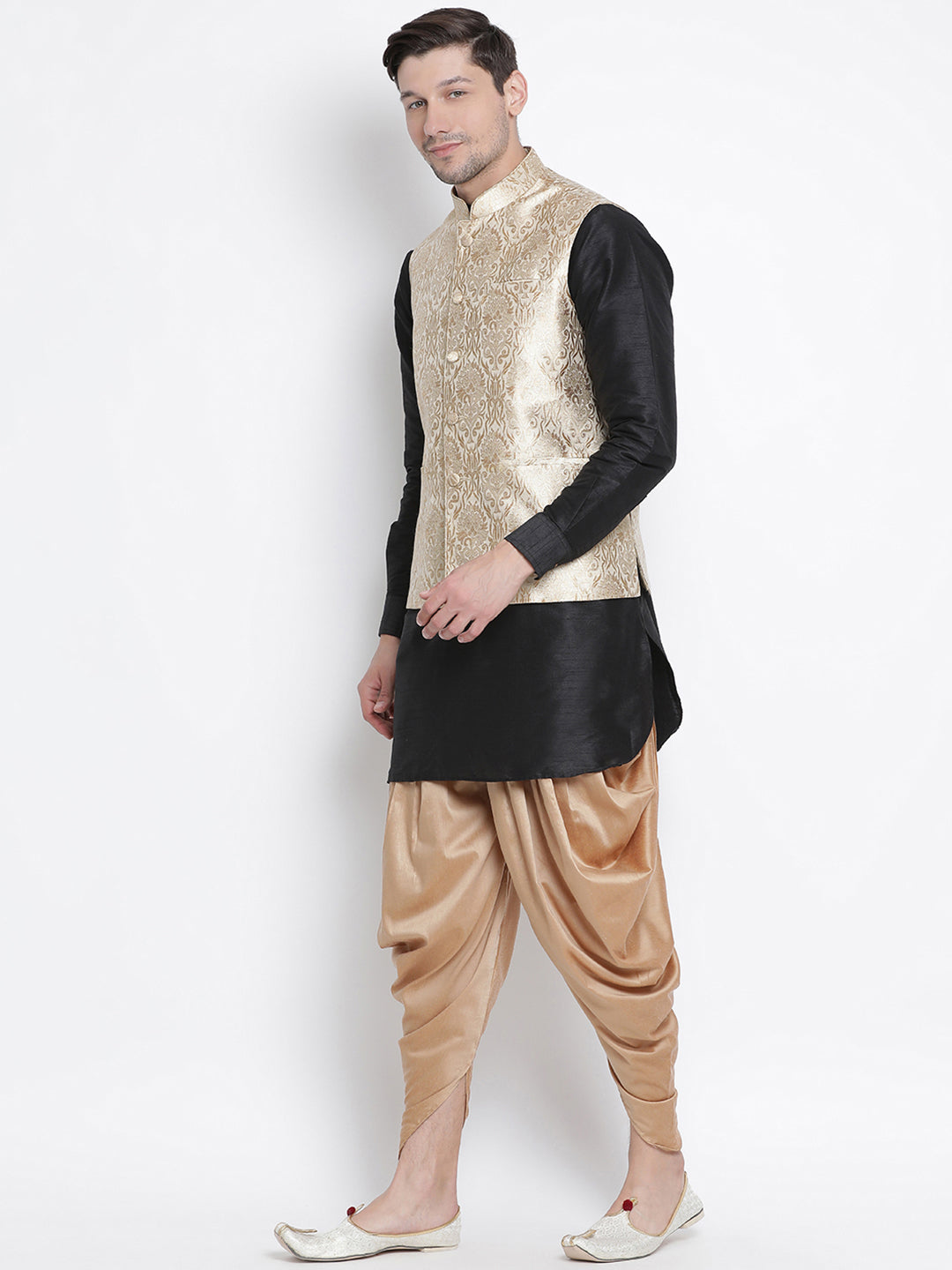 Vastramay Men's Black Silk Blend Jacket, Kurta and Dhoti Set - Distacart