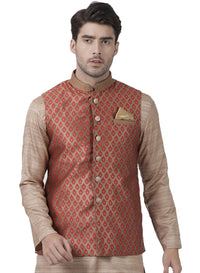 Thumbnail for VM by Vastramay Men's Maroon Silk Blend Nehru Jacket - Distacart