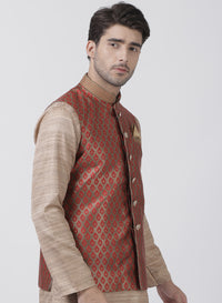 Thumbnail for VM by Vastramay Men's Maroon Silk Blend Nehru Jacket - Distacart