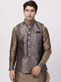 Thumbnail for VM by Vastramay Men's Dark Blue Silk Blend Nehru Jacket - Distacart