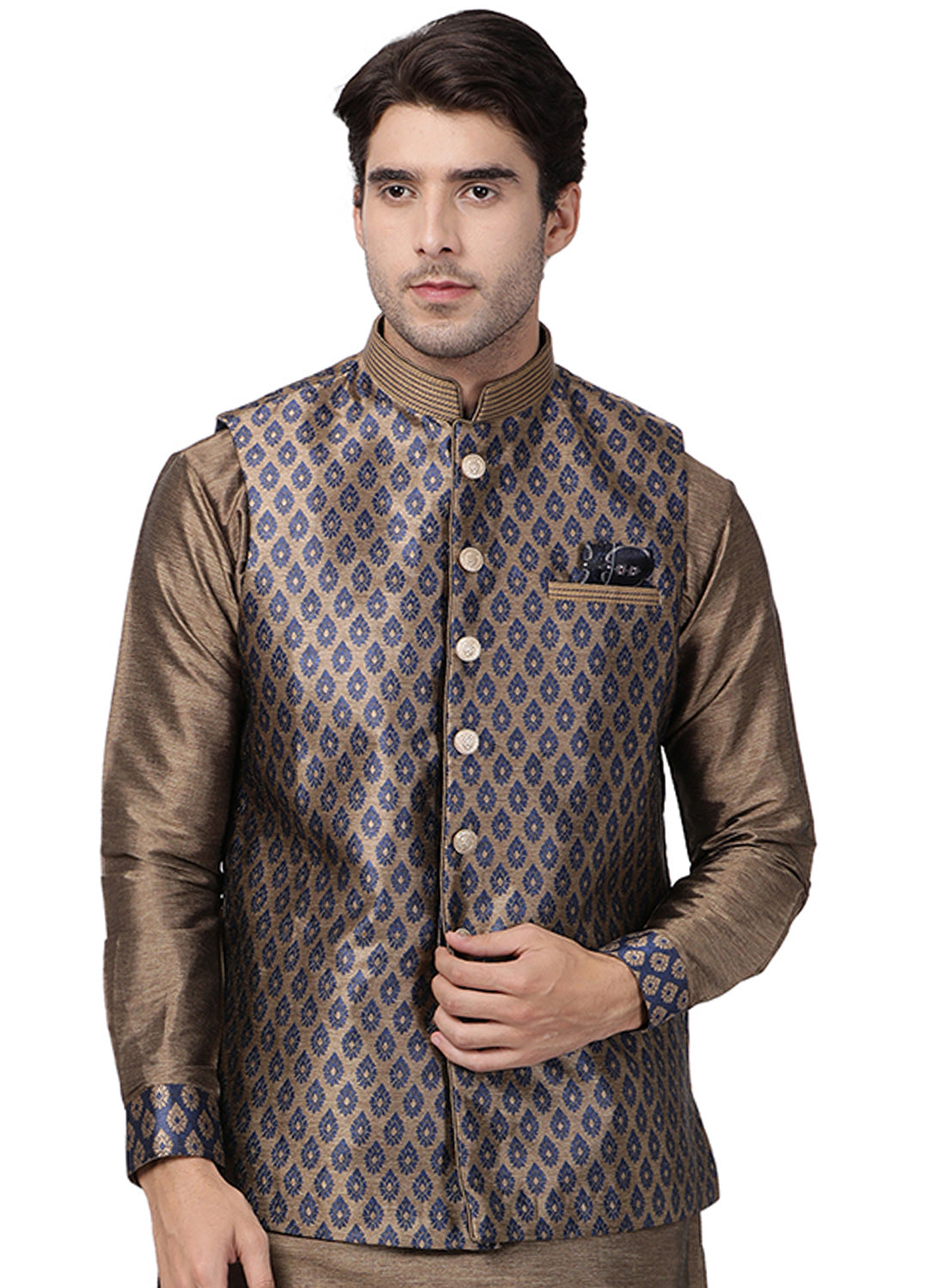 VM by Vastramay Men's Dark Blue Silk Blend Nehru Jacket - Distacart