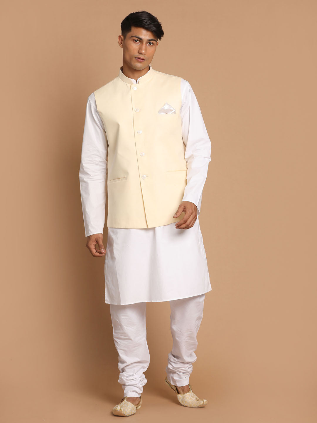Vastramay Men's Cream And White Pure Cotton Jacket, Kurta And Pyjama Set - Distacart