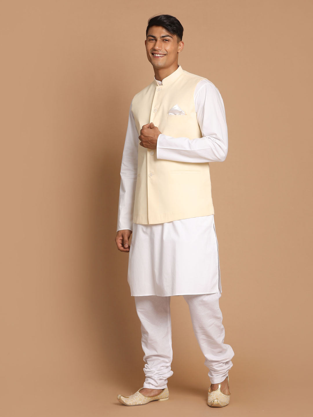 Vastramay Men's Cream And White Pure Cotton Jacket, Kurta And Pyjama Set - Distacart