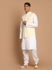 Thumbnail for Vastramay Men's Cream And White Pure Cotton Jacket, Kurta And Pyjama Set - Distacart