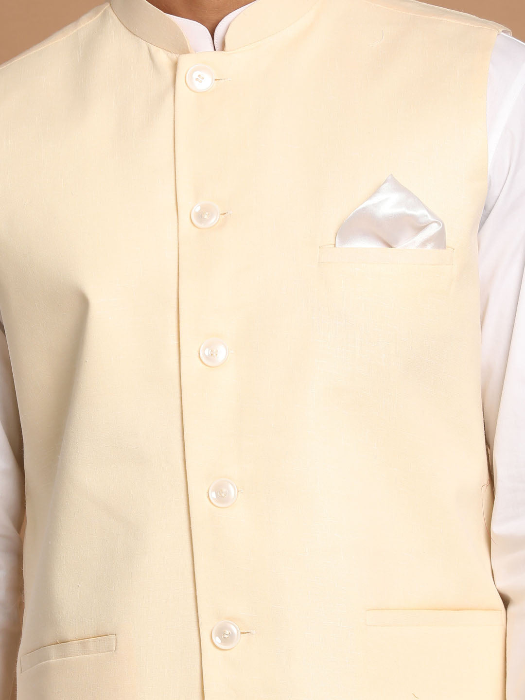 Vastramay Men's Cream And White Pure Cotton Jacket, Kurta And Pyjama Set - Distacart