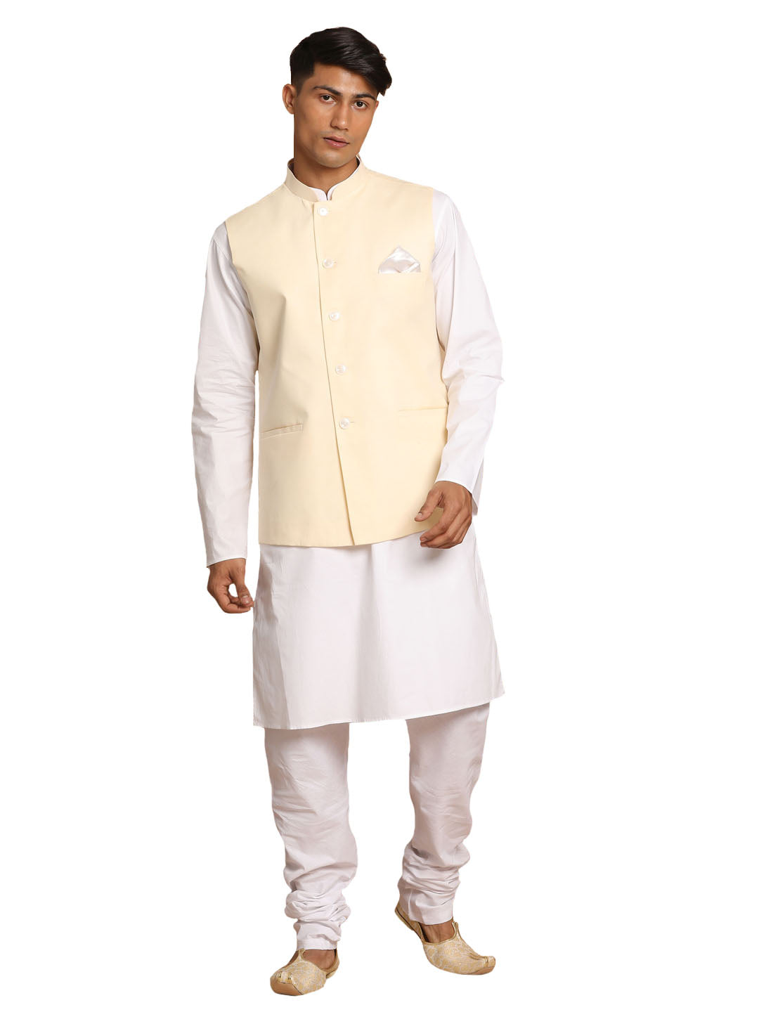 Vastramay Men's Cream And White Pure Cotton Jacket, Kurta And Pyjama Set - Distacart