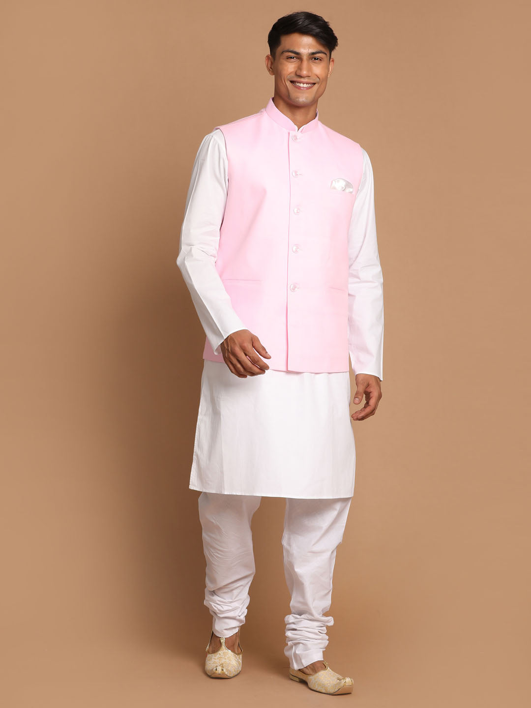 Vastramay Men's Pink And White Pure Cotton Jacket, Kurta And Pyjama Set - Distacart