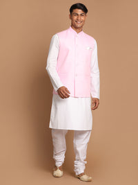 Thumbnail for Vastramay Men's Pink And White Pure Cotton Jacket, Kurta And Pyjama Set - Distacart