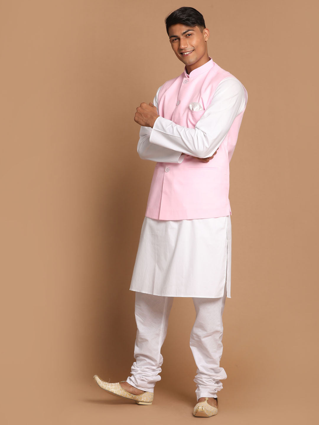 Vastramay Men's Pink And White Pure Cotton Jacket, Kurta And Pyjama Set - Distacart