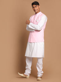 Thumbnail for Vastramay Men's Pink And White Pure Cotton Jacket, Kurta And Pyjama Set - Distacart