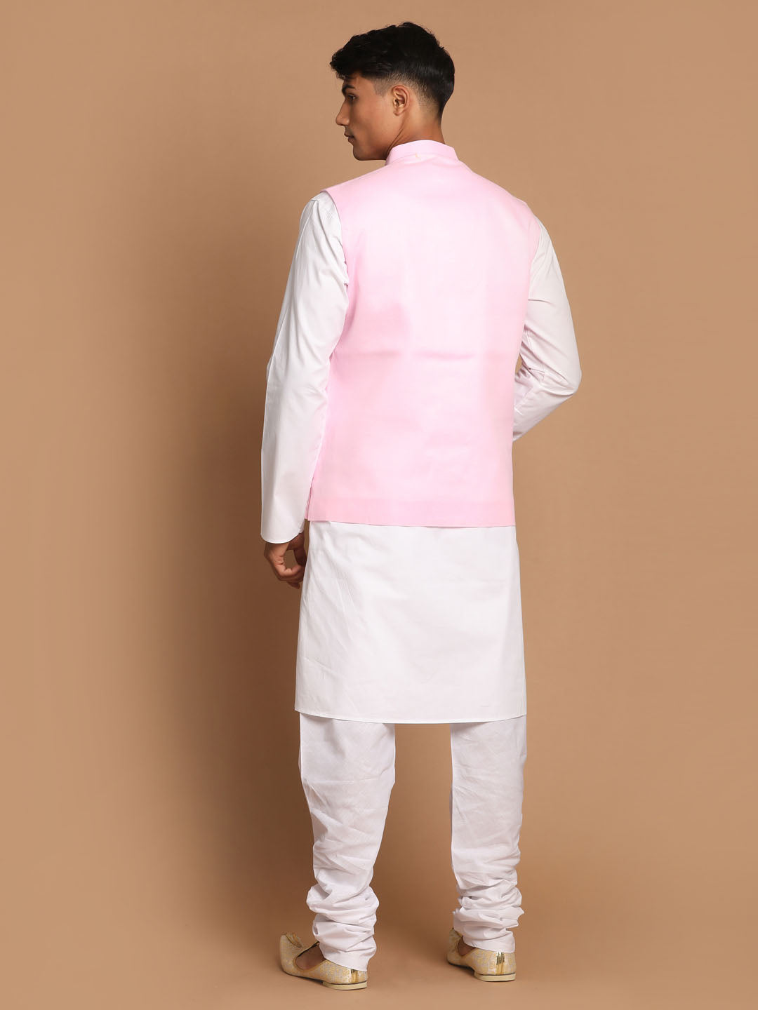 Vastramay Men's Pink And White Pure Cotton Jacket, Kurta And Pyjama Set - Distacart