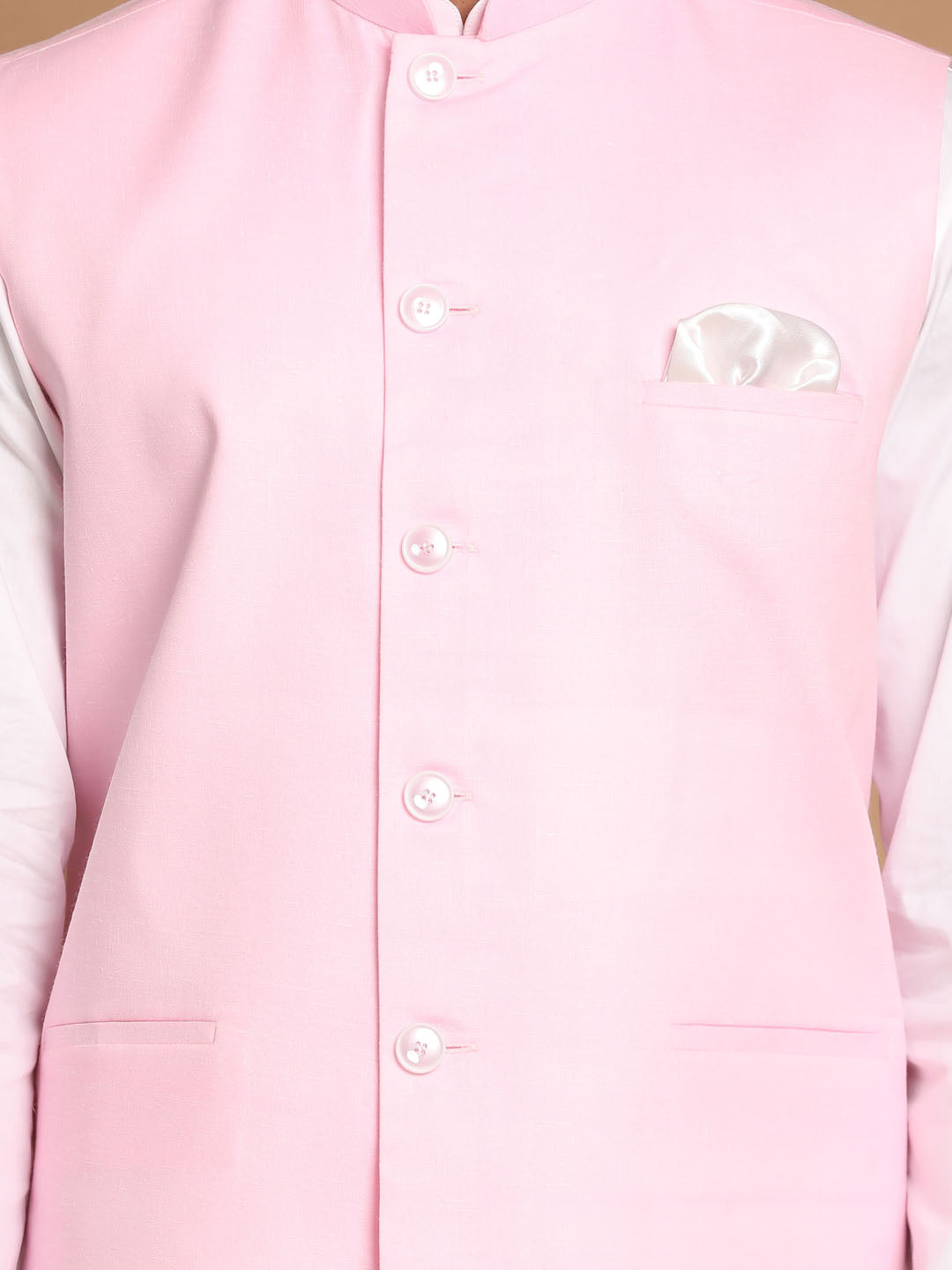 Vastramay Men's Pink And White Pure Cotton Jacket, Kurta And Pyjama Set - Distacart