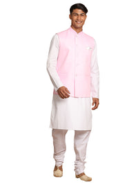 Thumbnail for Vastramay Men's Pink And White Pure Cotton Jacket, Kurta And Pyjama Set - Distacart
