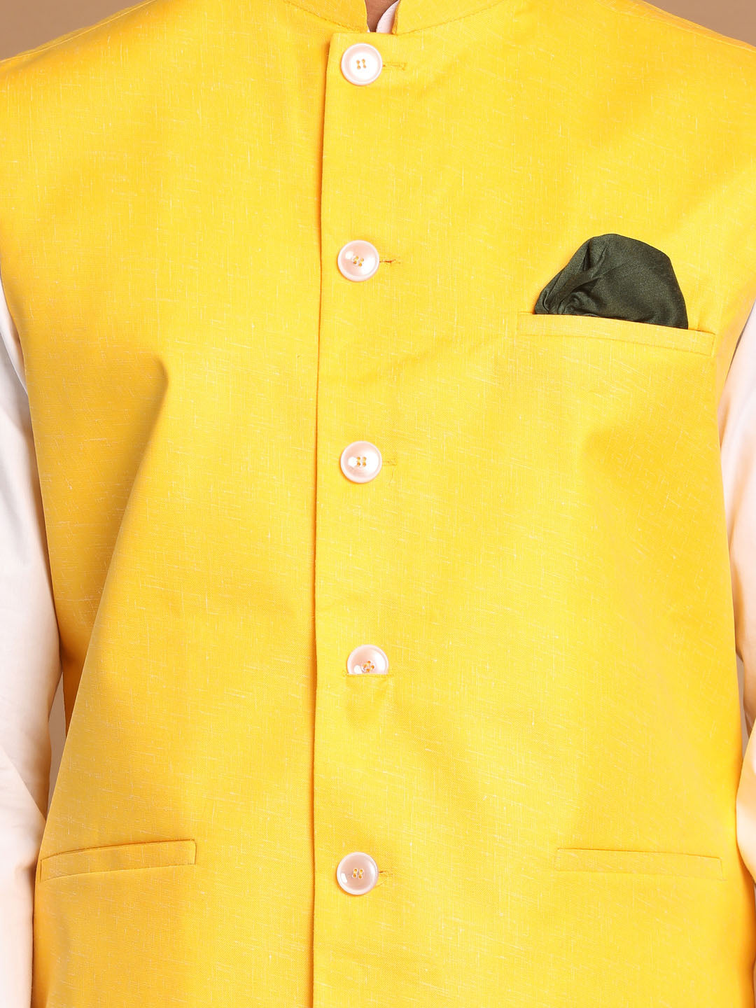 Vastramay Men's Yellow And White Pure Cotton Jacket, Kurta And Pyjama Set - Distacart