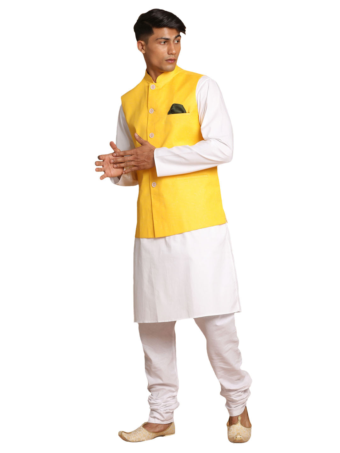 Vastramay Men's Yellow And White Pure Cotton Jacket, Kurta And Pyjama Set - Distacart